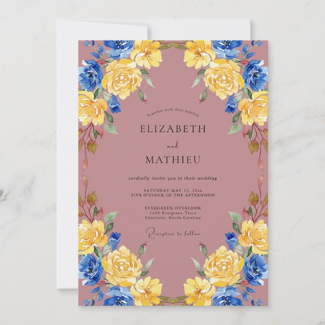 Invitación Boda Pintada de Oro Cobalto Malva (Anverso)