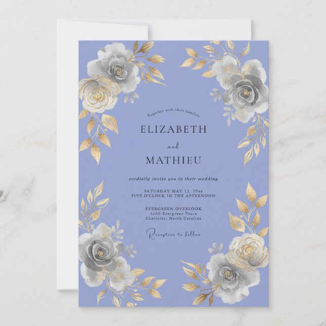 Invitación Boda Pintada de Oro y Periwinkle (Anverso)