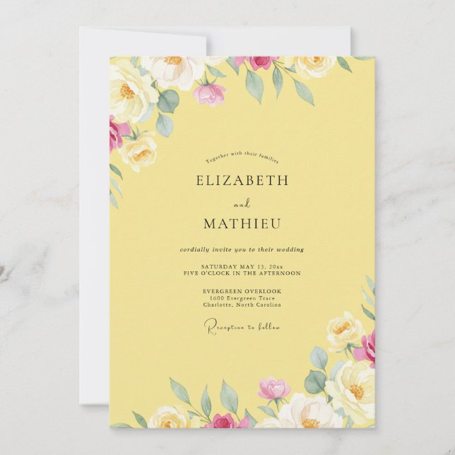 Invitación Boda Pintada de Peonía Amarilla Tropical (Anverso)