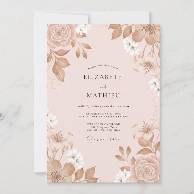 Invitación Boda Pintada de Peonía de Champán (Anverso)