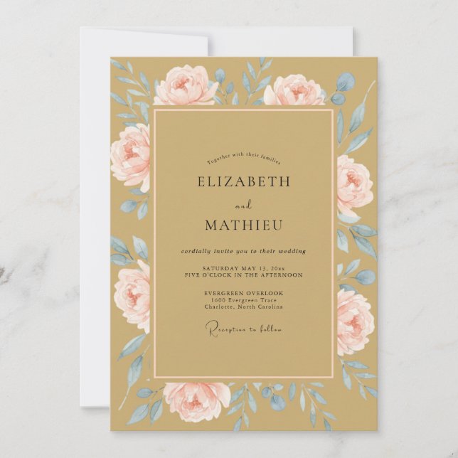 Invitación Boda Pintada de Peonía Dorada (Anverso)