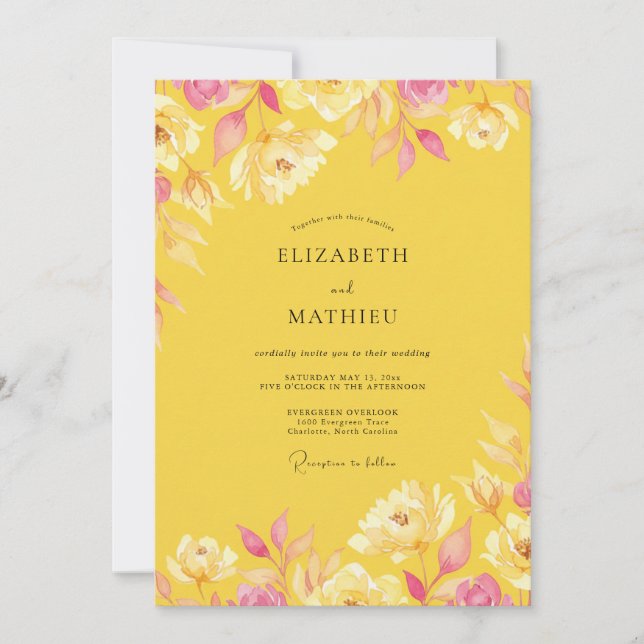 Invitación Boda Pintada de Peonía Mostaza de Pradera (Anverso)