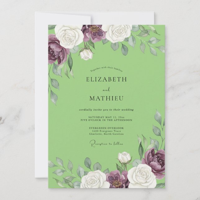 Invitación Boda Pintada de Púrpura Pistacho (Anverso)