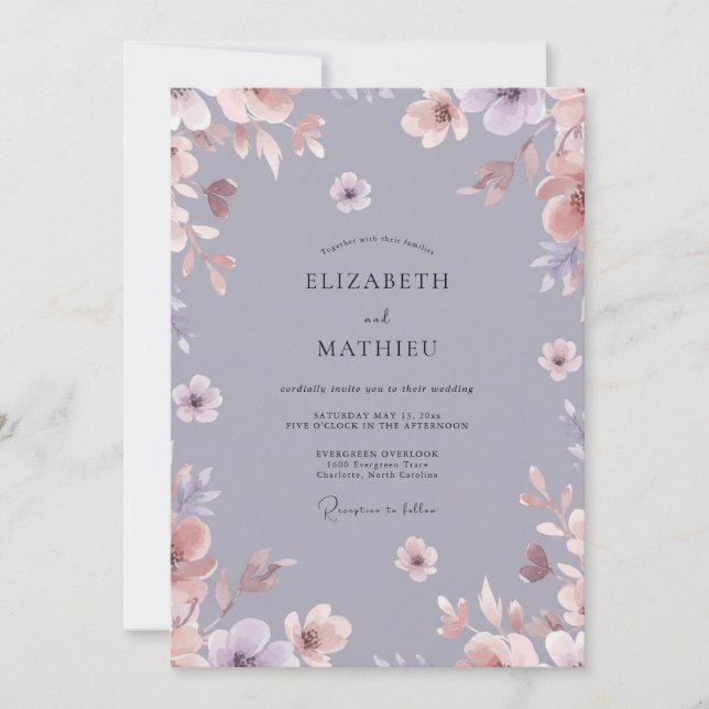 Invitación Boda Pintada de Púrpura Polvorienta (Anverso)