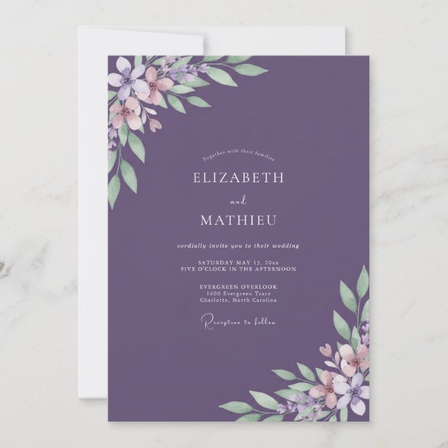 Invitación Boda Pintada de Púrpura Suave (Anverso)