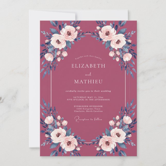 Invitación Boda Pintada de Ranunculus con Vino (Anverso)