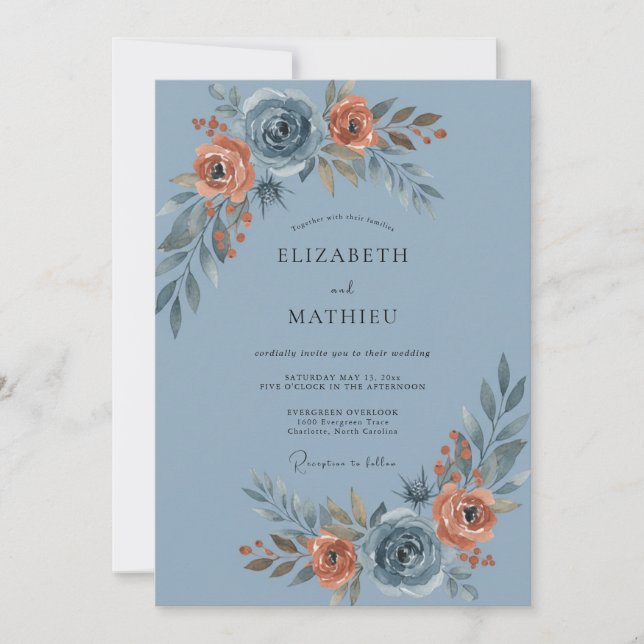 Invitación Boda Pintada de Rosa Azul Polvorienta (Anverso)