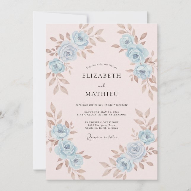 Invitación Boda Pintada de Rosa Pálido y Azul Celeste (Anverso)