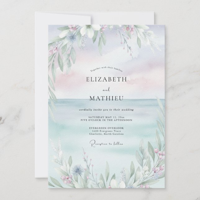 Invitación Boda Pintada de Rosa Pálido y Periwinkle (Anverso)