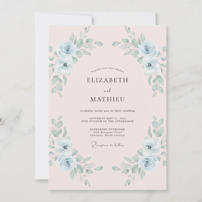 Invitación Boda Pintada de Rosa Suave Celeste (Anverso)