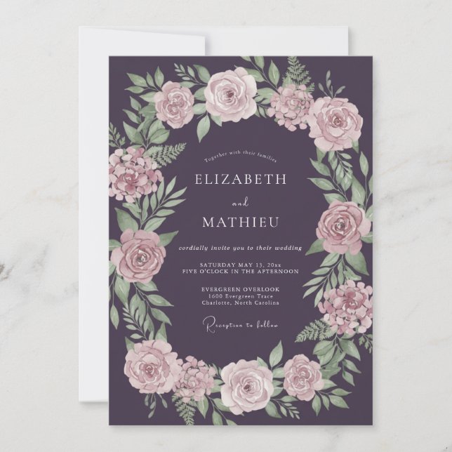 Invitación Boda Pintada de Rosa Suave con Berenjena (Anverso)