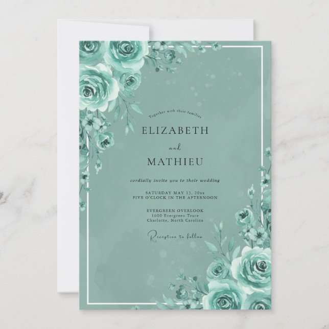 Invitación Boda Pintada de Rosa Verdeazul (Anverso)