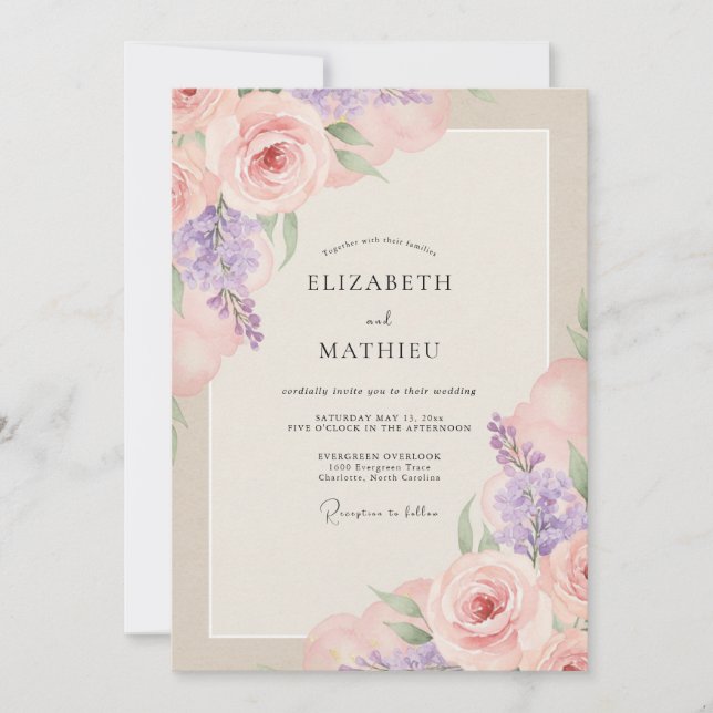 Invitación Boda Pintada de Rubor y Amatista (Anverso)