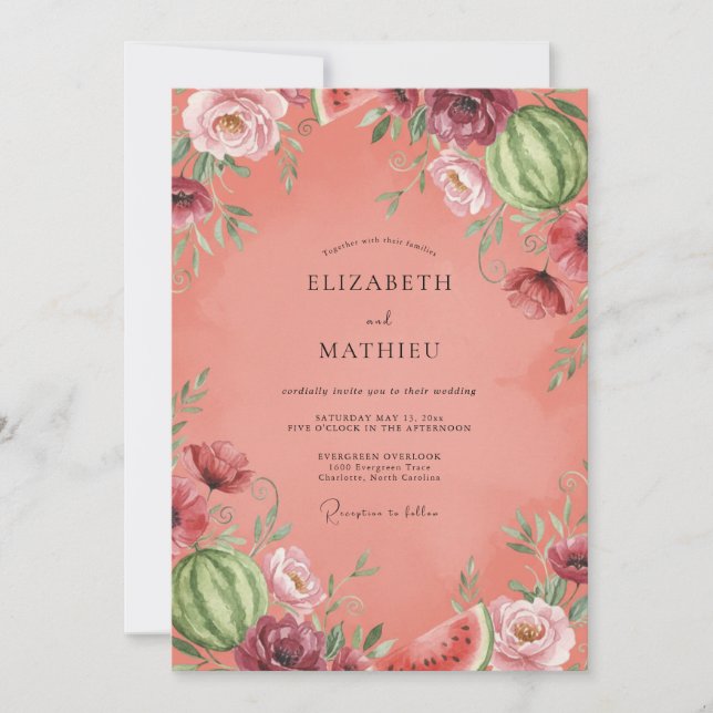 Invitación Boda pintada de salmón y malva (Anverso)