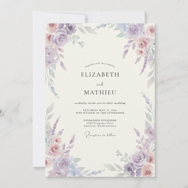 Invitación Boda Pintada de Suave Lavanda y Periwinkle (Anverso)