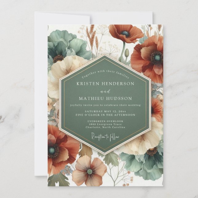 Invitación Boda Pintada de Terracota Teal (Anverso)