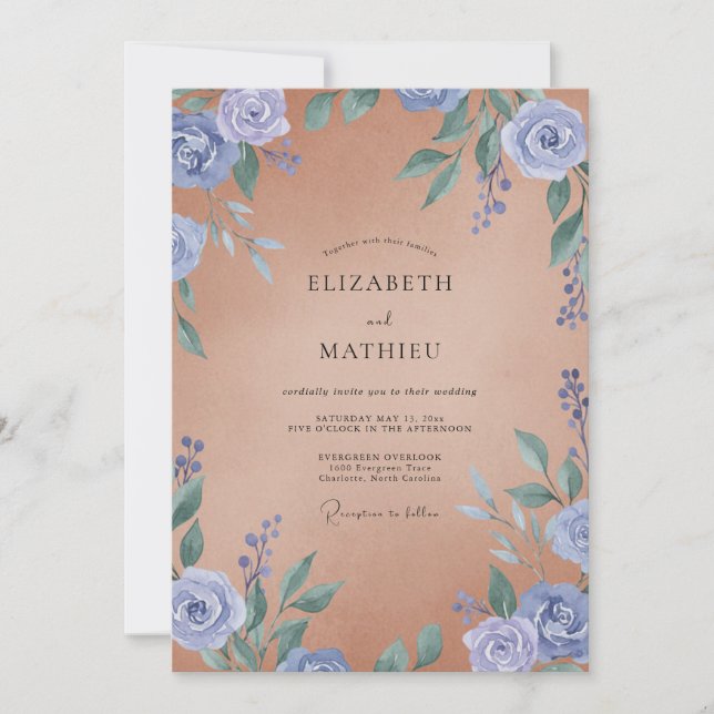 Invitación Boda Pintada de Terracota y Periwinkle (Anverso)