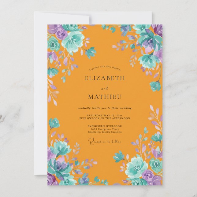 Invitación Boda Pintada de Turquesa y Tangerina (Anverso)