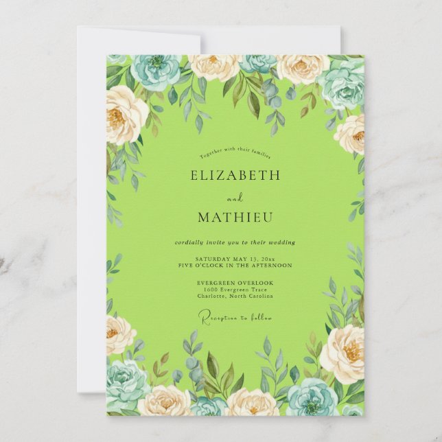 Invitación Boda Pintada de Verde Chartreuse y Turquesa (Anverso)