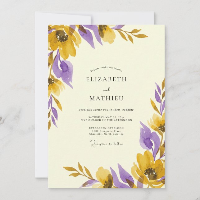 Invitación Boda Pintada de Violeta Amarilla Rústica (Anverso)