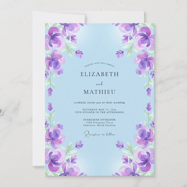 Invitación Boda pintada de violeta azur boho (Anverso)