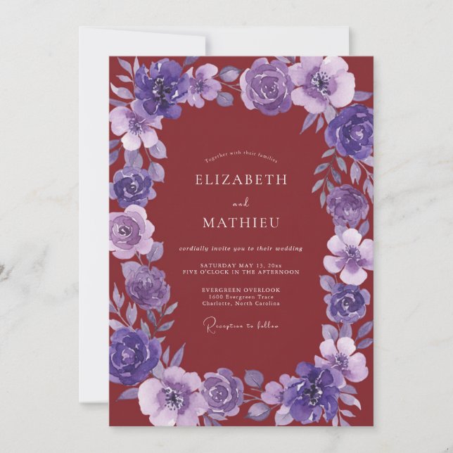 Invitación Boda Pintada de Violeta Borgoña (Anverso)