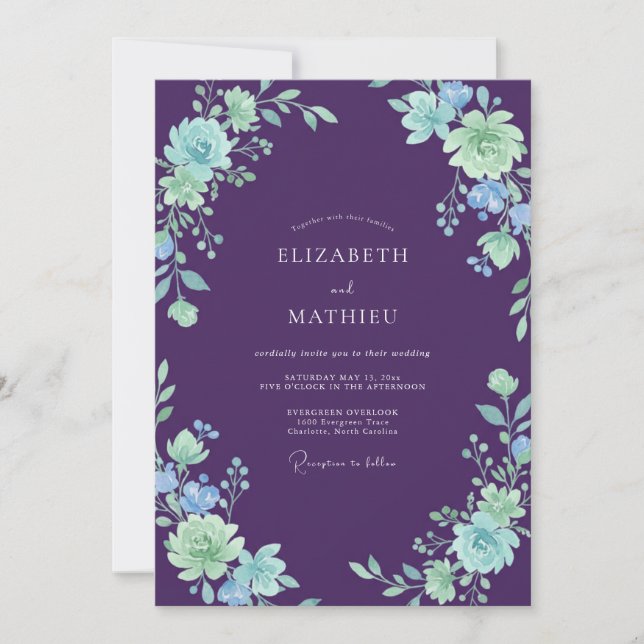 Invitación Boda Pintada de Violeta Profundo y Menta (Anverso)