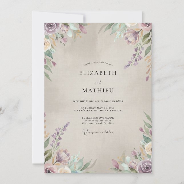 Invitación Boda Pintada de Violeta y Champán (Anverso)