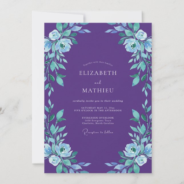 Invitación Boda Pintada de Violeta y Periwinkle (Anverso)