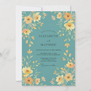 Invitación Boda Pintada Dorada Turquesa