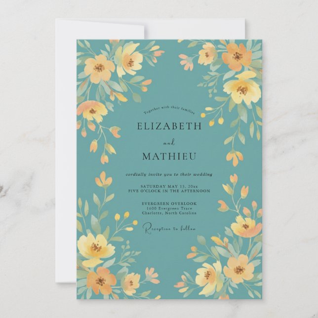 Invitación Boda Pintada Dorada Turquesa (Anverso)