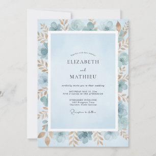Invitación Boda Pintada en Azul Azure y Dorado