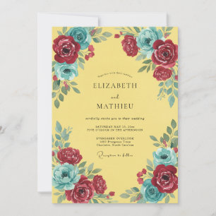 Invitación Boda Pintada en Burgundy y Turquesa