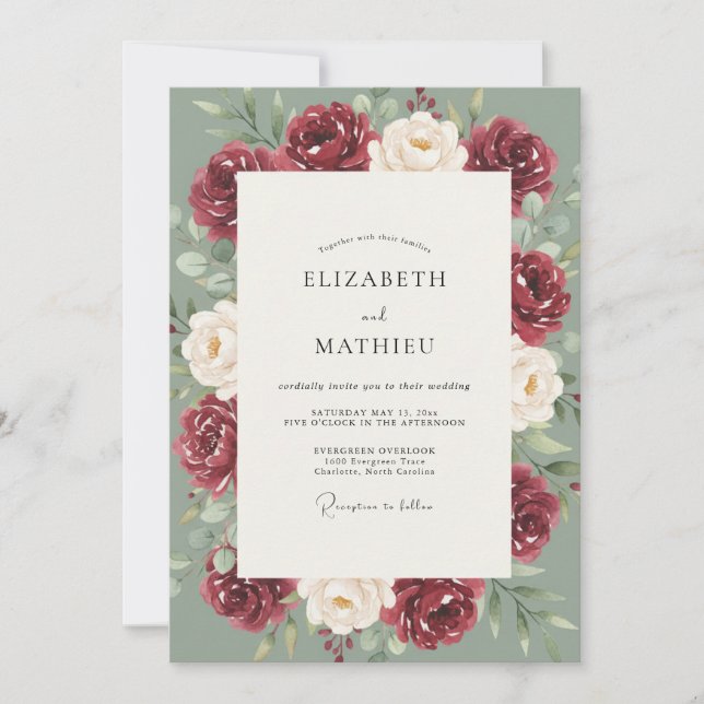 Invitación Boda Pintada en Celadón Granate (Anverso)