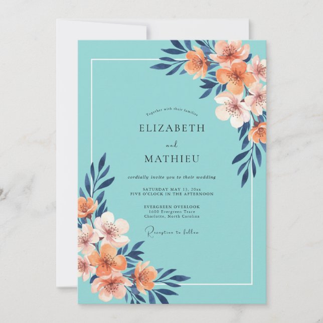 Invitación Boda Pintada en Coral Acuático (Anverso)