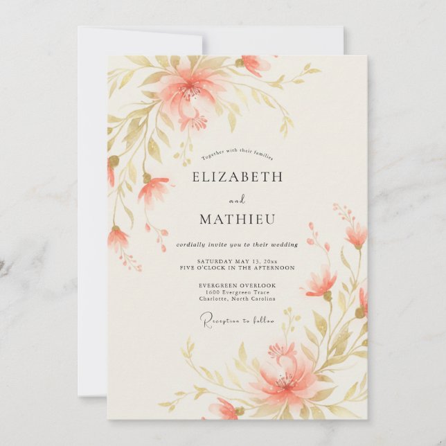Invitación Boda Pintada en Coral Dorado (Anverso)