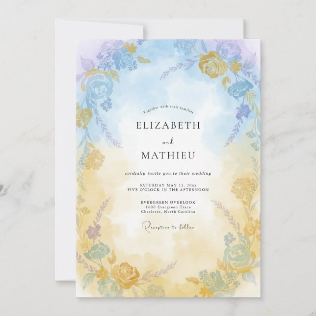 Invitación Boda Pintada en Oro Suave Azul (Anverso)