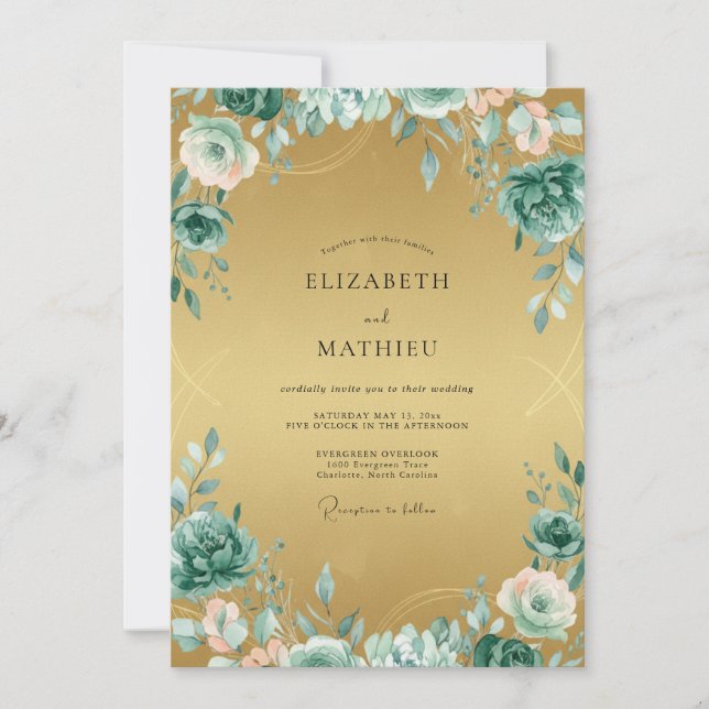 Invitación Boda Pintada en Oro y Aqua (Anverso)