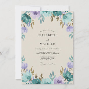 Invitación Boda Pintada en Verde Azulado y Violeta Vintage
