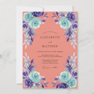 Invitación Boda Pintada Flor de Coral Aqua