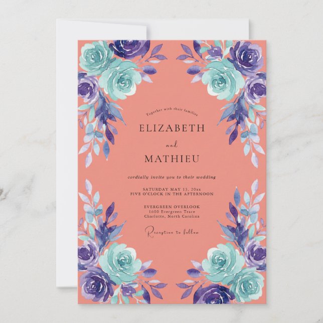 Invitación Boda Pintada Flor de Coral Aqua (Anverso)