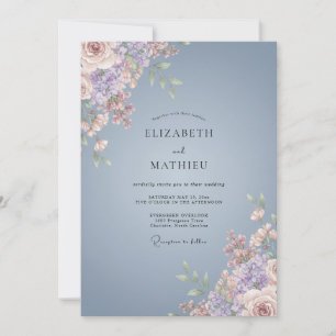 Invitación Boda Pintada Floral Azul Pizarra