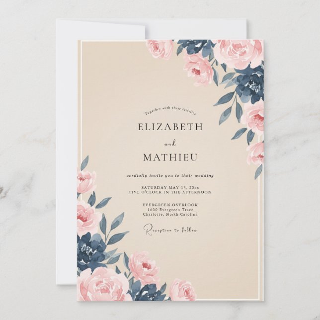 Invitación Boda Pintada Índigo Melocotón (Anverso)
