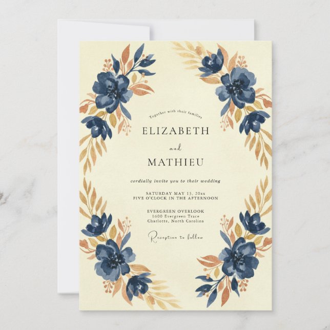 Invitación Boda Pintada Índigo Ocre (Anverso)