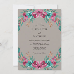 Invitación Boda Pintada Magenta Grisáceo Verde Azulado