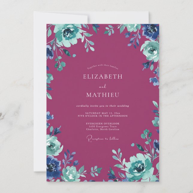 Invitación Boda Pintada Magenta Turquesa (Anverso)