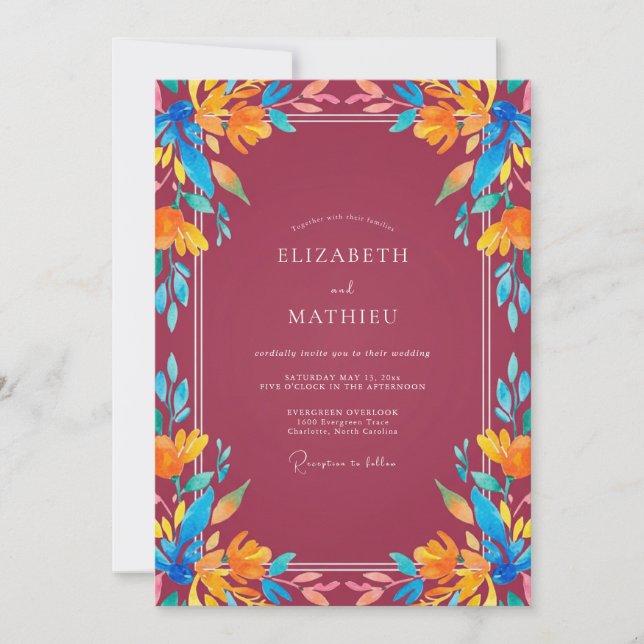Invitación Boda Pintada Naranja Granate Tropical (Anverso)