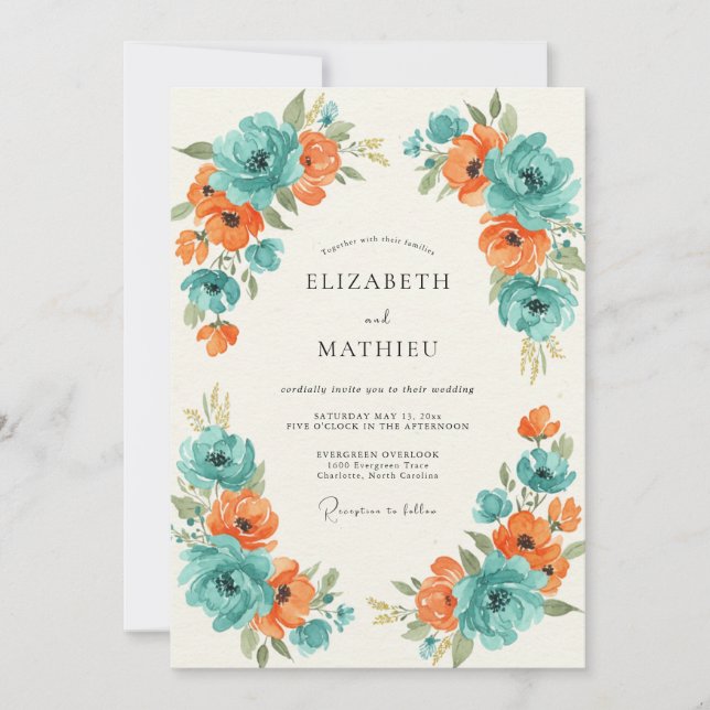 Invitación Boda Pintada Naranja Turquesa (Anverso)