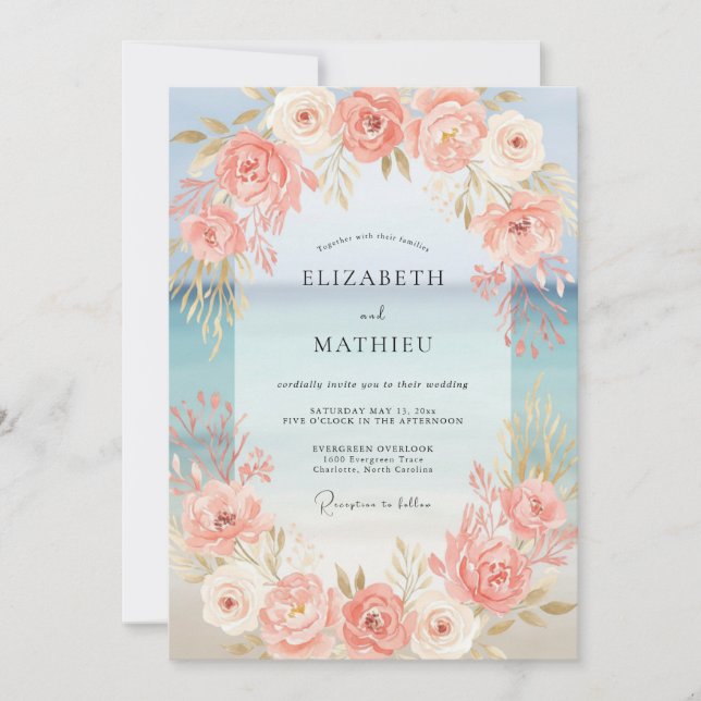 Invitación Boda Pintada Salmón Peonía (Anverso)