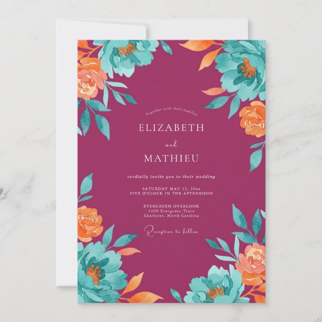Invitación Boda Pintada Turquesa de Ciruela de Jardín (Anverso)